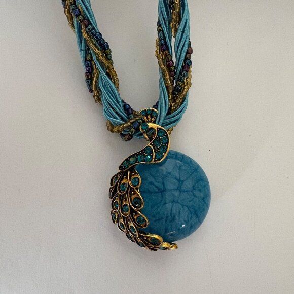 Blue Gold Tone Peacock Pendant Necklace Braided Beads Bohemian Statement NEW - Picture 4 of 7
